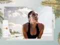 Sportlerin schwitzt, aber dank des Roll-Ons aus dem Acetat-Stoff bleibt sie frisch. Palmen und Strand im Hintergrund.