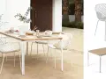 Welcher Stuhl passt zu welchem Tisch? Ein weißer Rattanstuhl mit Armlehnen und ein rechteckiger Holztisch mit Metallgestell.