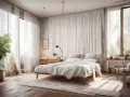 Helle, fließende Gardinen formen eine sanfte Umrandung für ein minimalistisches Schlafzimmer mit einem weißen Bett und Holzboden.