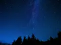 Ein tiefblauer Nachthimmel mit einem faszinierenden **galaxy muster** aus Sternen und der Milchstraße über einer dunklen Silhouette von Bäumen.