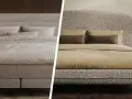 Vergleich: Unterschied Boxspringbett und Polsterbett. Links ein Boxspringbett mit Sockel, rechts ein Polsterbett mit Füßen.