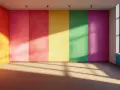 Leeres Zimmer mit bunten Wänden, die abstrakte Muster bilden. Sonnenlicht fällt durch ein Fenster und wirft Schatten.
