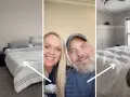 Ein Paar lächelt in die Kamera, während weiße Pfeile auf zwei getrennte Schlafzimmer mit ordentlichen Betten zeigen.