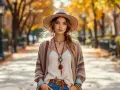 Frau im Fedora-Hut und Strickjacke mit boho Muster, lässiger Herbst-Look.