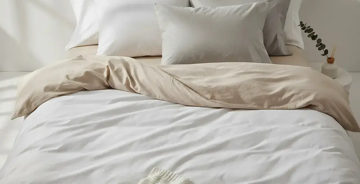 Ein Bett mit weißer und sandfarbener Bettwäsche aus Satin-Baumwolle. Mehrere Kissen liegen auf dem Bett.