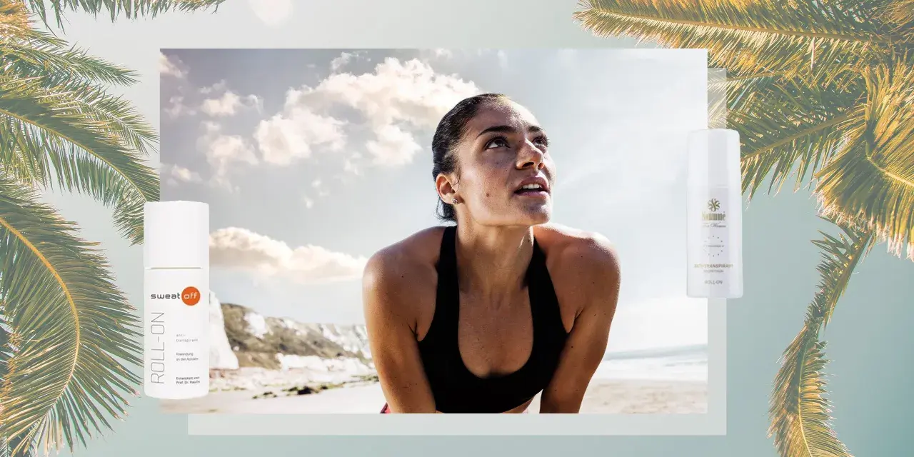 Sportlerin schwitzt, aber dank des Roll-Ons aus dem Acetat-Stoff bleibt sie frisch. Palmen und Strand im Hintergrund.