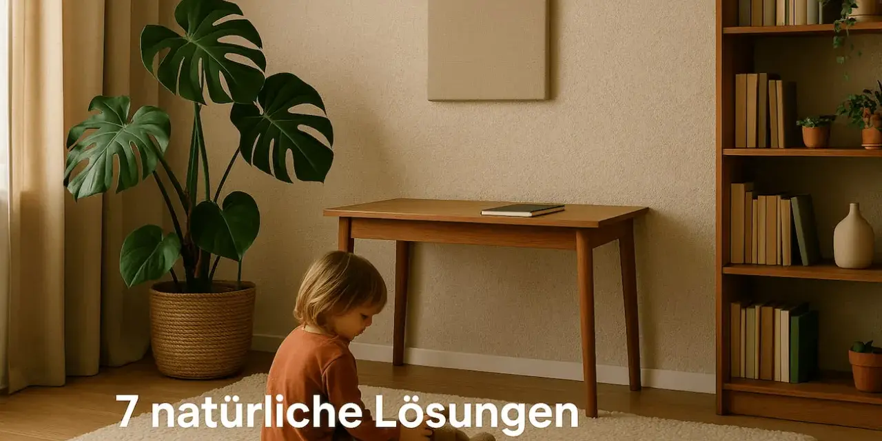 Ein Kind sitzt auf einem Teppich vor einem Schreibtisch. Eine Monstera-Pflanze und ein Bücherregal sind im Raum zu sehen. Eine Wandplatte hilft, Schall zu schlucken.