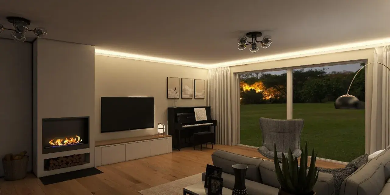 Gemütliches Wohnzimmer mit Kamin, Klavier und Blick ins Grüne. Tolle wohnzimmer einrichten ideen für ein stilvolles Zuhause.