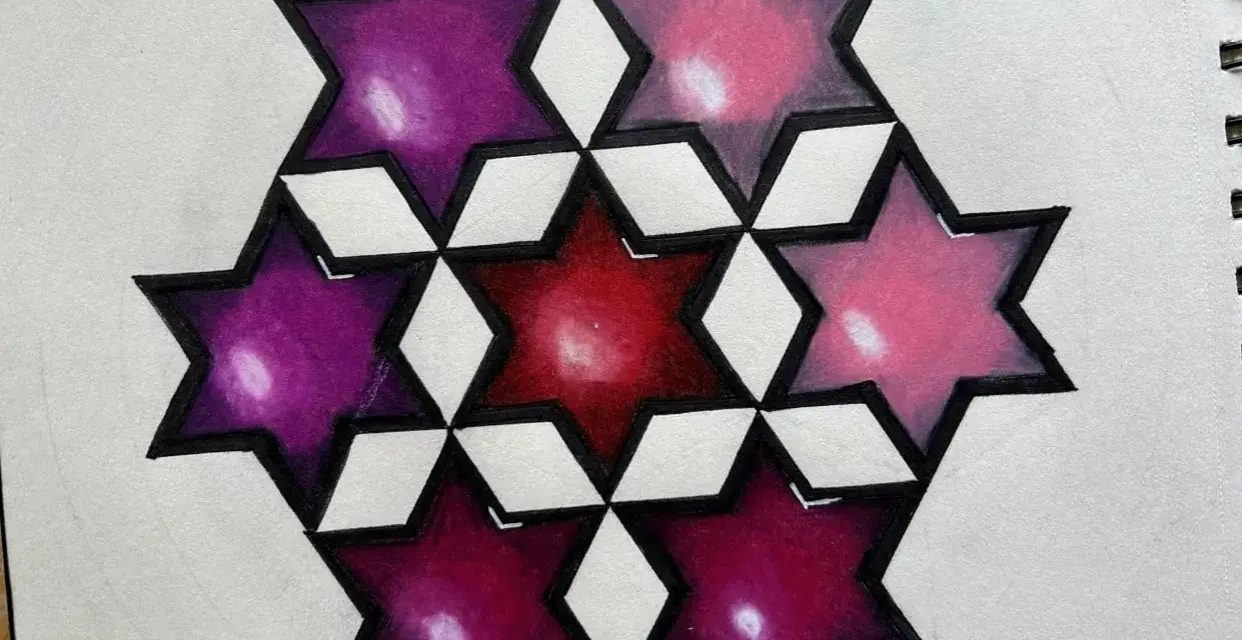 Sieben Sterne in Lila-, Rot- und Rosatönen bilden ein Muster, das an einen tri hexagon erinnert.