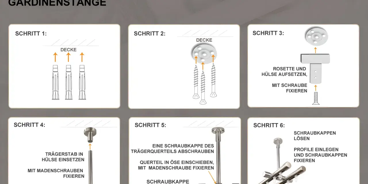 Montageanleitung für eine Gardinenstange. Schritte zeigen Befestigung an Decke oder Wand, Montage der Rosette und des Trägerteils.