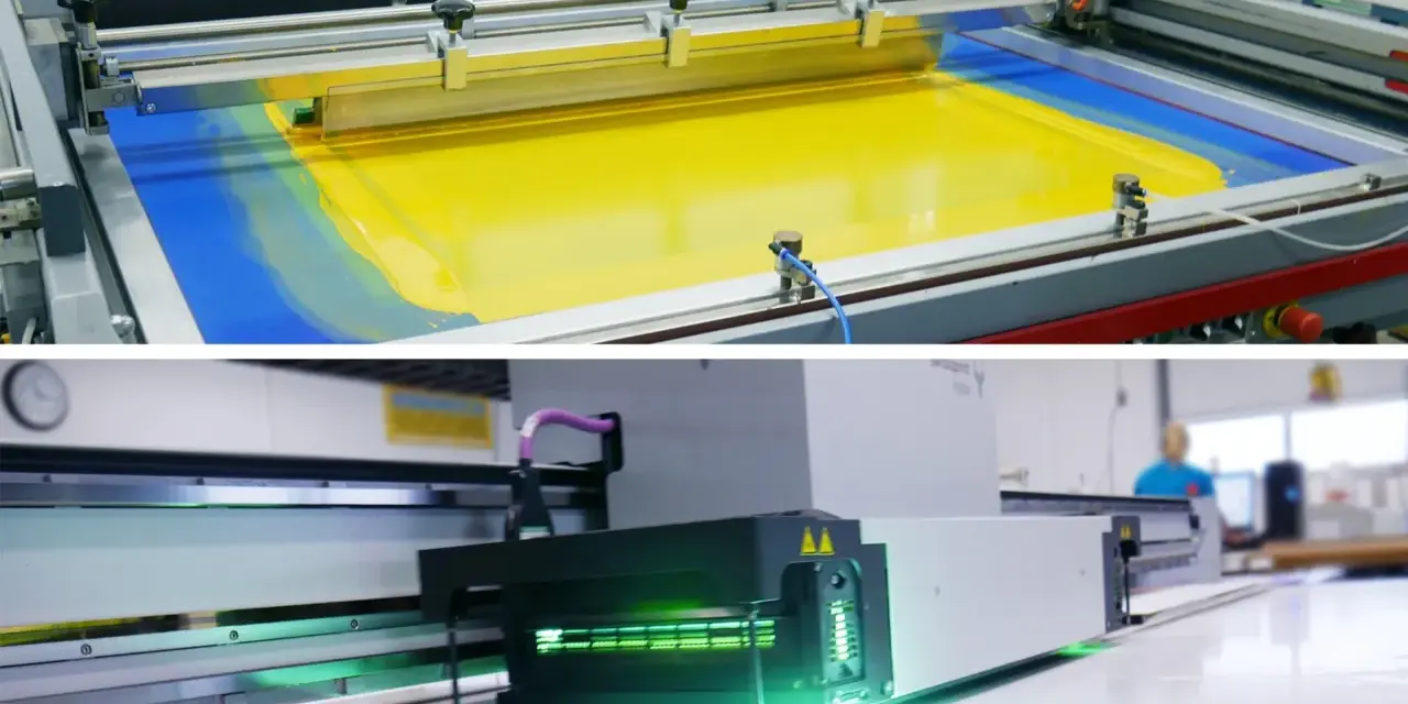 Oben: Siebdruck mit gelber Farbe auf blauem Untergrund. Unten: moderner Digitaldrucker mit grüner Beleuchtung.