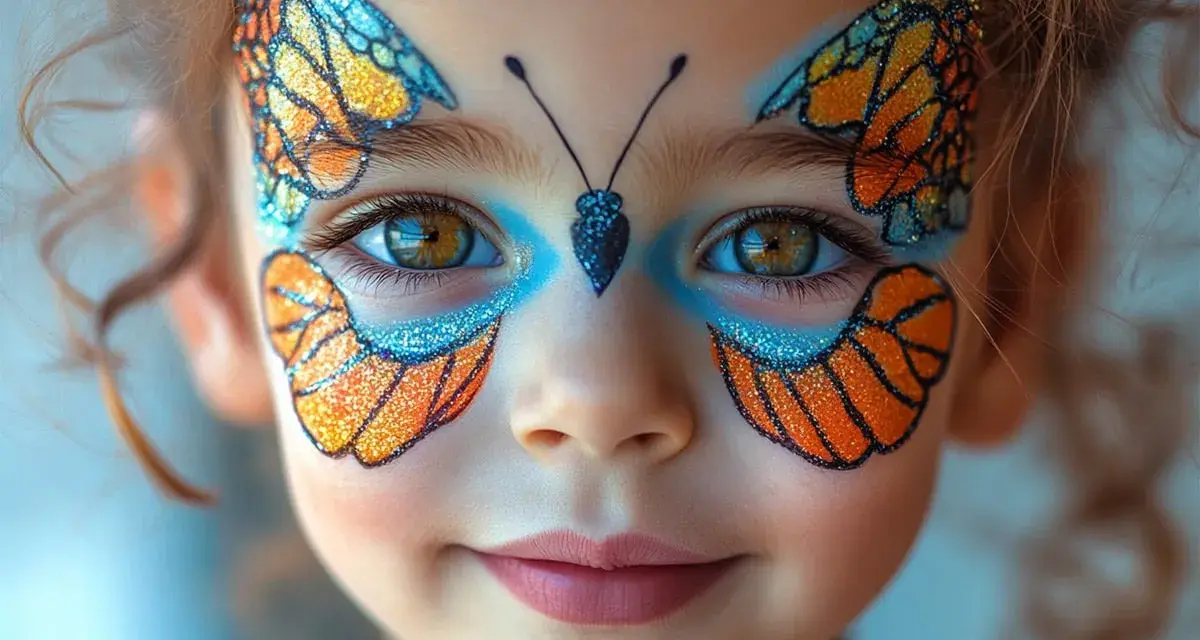 Ein Kind mit einem funkelnden Schmetterling Muster im Gesicht. Die Flügel sind orange und blau, mit Glitzer verziert.