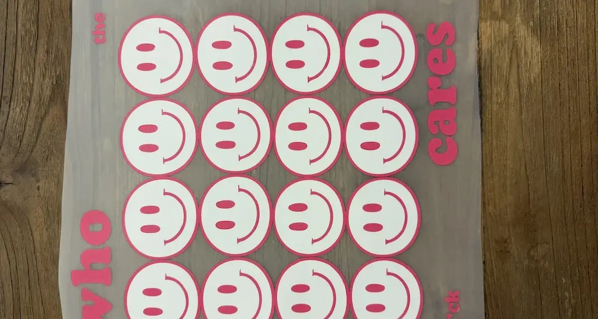Aufkleber mit Smiley-Gesichtern, bereit für das Textildruck-Verfahren. "Who the cares rck" steht auf dem Transferpapier.