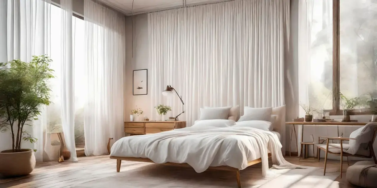 Helle, fließende Gardinen formen eine sanfte Umrandung für ein minimalistisches Schlafzimmer mit einem weißen Bett und Holzboden.