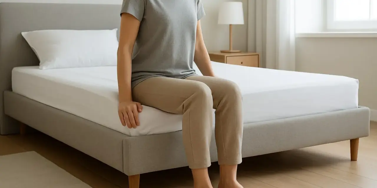 Frau sitzt auf einem Bett. Die Höhe der Matratze ist entscheidend, wie hoch sollte eine Matratze sein für optimalen Komfort.