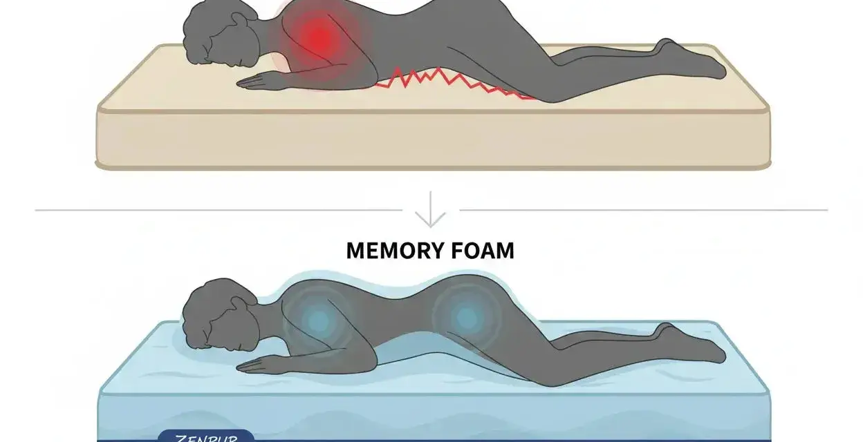 Harte Matratze verursacht Schulterschmerzen bei Bauchschläfern. Memory Foam passt sich an und verteilt den Druck besser.