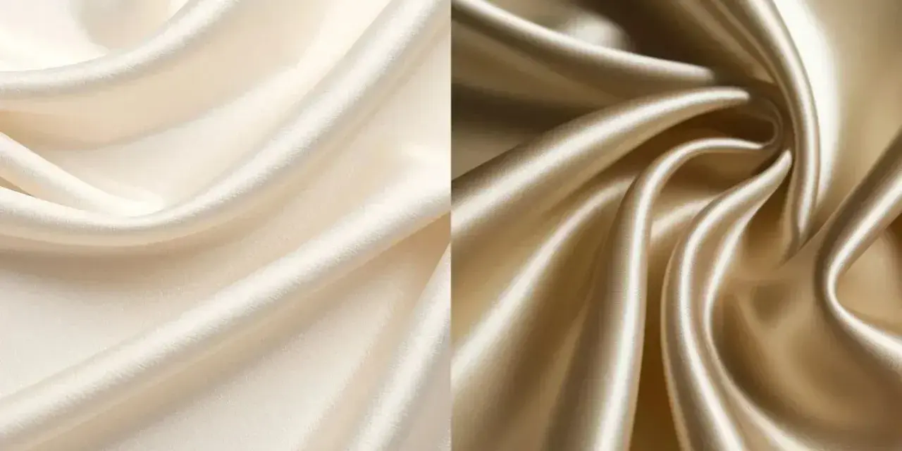 Zwei Stoffbahnen in Creme und Gold, die die glatte, glänzende Textur von Satin zeigen.