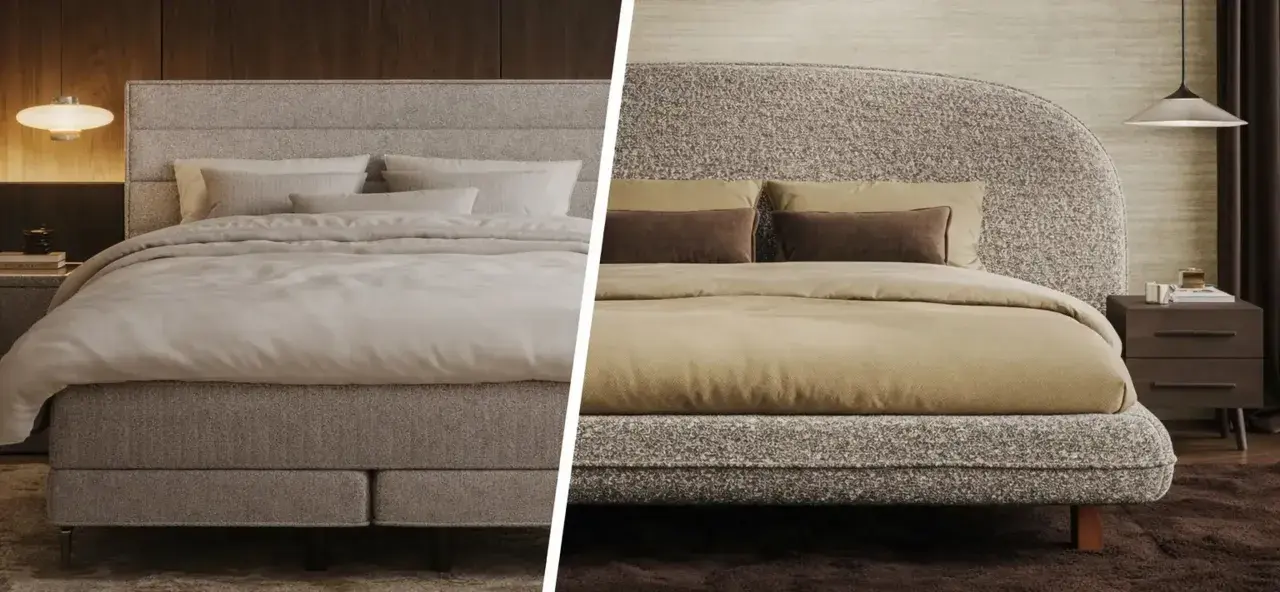 Vergleich: Unterschied Boxspringbett und Polsterbett. Links ein Boxspringbett mit Sockel, rechts ein Polsterbett mit Füßen.