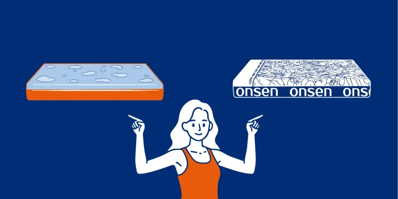 Frau wählt zwischen zwei Matratzen. Eine zeigt Wasserflecken, was auf Nachteile einer Latexmatratze hindeuten könnte. Die andere ist mit "onsen" bedruckt.
