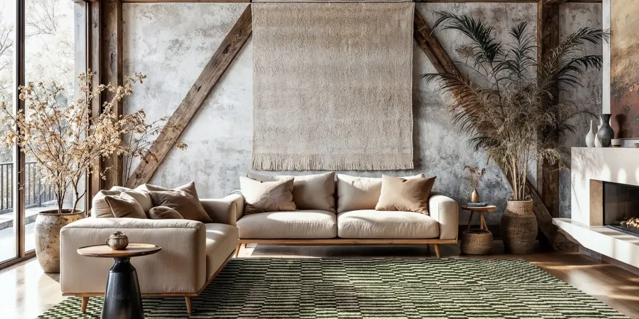 Grüner Teppich mit geometrischem Muster ist dunkler als die helle Couch. Rustikales Wohnzimmer mit Holzbalken und Kamin.