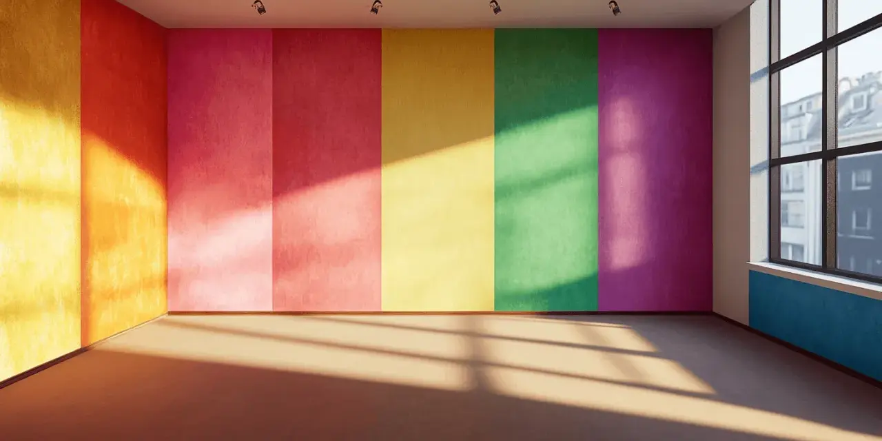 Leeres Zimmer mit bunten Wänden, die abstrakte Muster bilden. Sonnenlicht fällt durch ein Fenster und wirft Schatten.