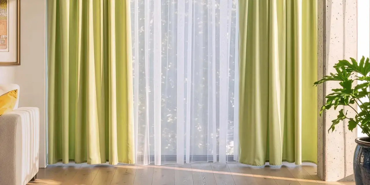 Helle, grüne Gardinen und zarter weiße Stores schmücken das Fenster. Diese Gardinen dekorieren den Raum und lassen viel Licht herein.