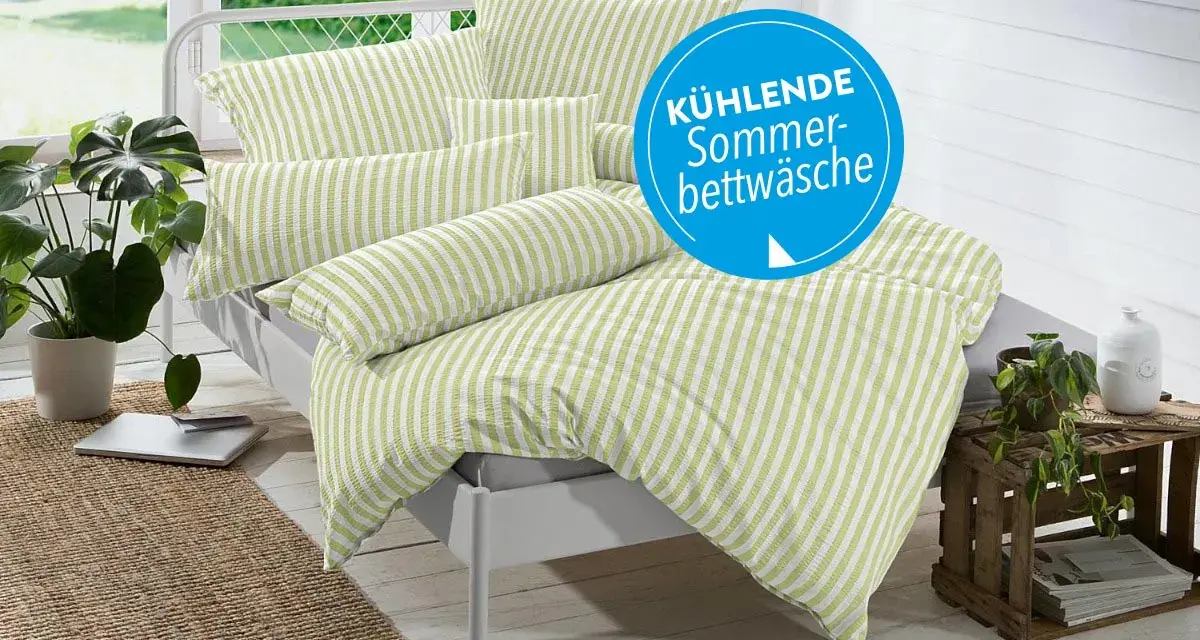 Kühlende Bettwäsche aus Rayon-Stoff, ideal gegen Schwitzen im Sommer. Gestreiftes Design in Grün und Weiß.