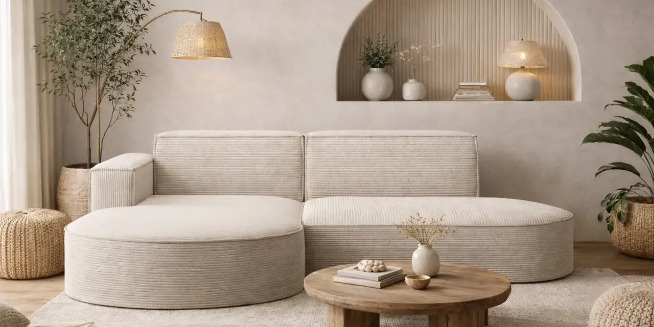 Ein gemütliches, beigefarbenes **Ecksofa mitten im Raum** lädt zum Entspannen ein. Ein runder Holztisch und ein Teppich vervollständigen das Bild.