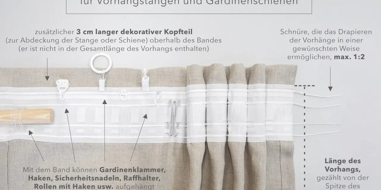 Nahaufnahme eines Gardinenbandes mit Haken und Schnüren zur Aufhängung von Vorhängen.
