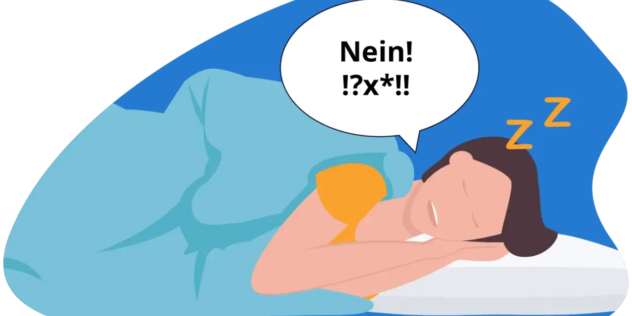 Eine Person schläft und murmelt "Nein! !?x*!!". Die Frage, warum man im Schlaf redet, wird hier humorvoll dargestellt.