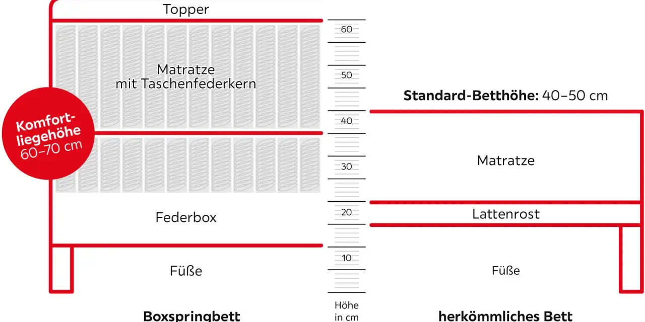 Unterschied Boxbett und Boxspringbett: Boxspringbetten mit Federbox und Topper bieten Komfortliegehöhe 60-70 cm. Herkömmliche Betten mit Lattenrost sind niedriger.