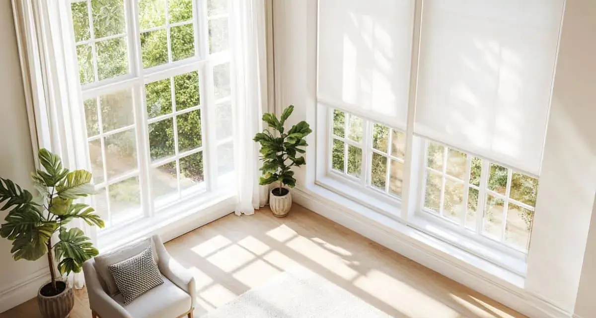 Helle Fenstergestaltung im Wohnzimmer ohne Gardinen. Sonnenschein fällt durch große Fenster auf Holzboden. Pflanzen und Sessel schaffen Gemütlichkeit.