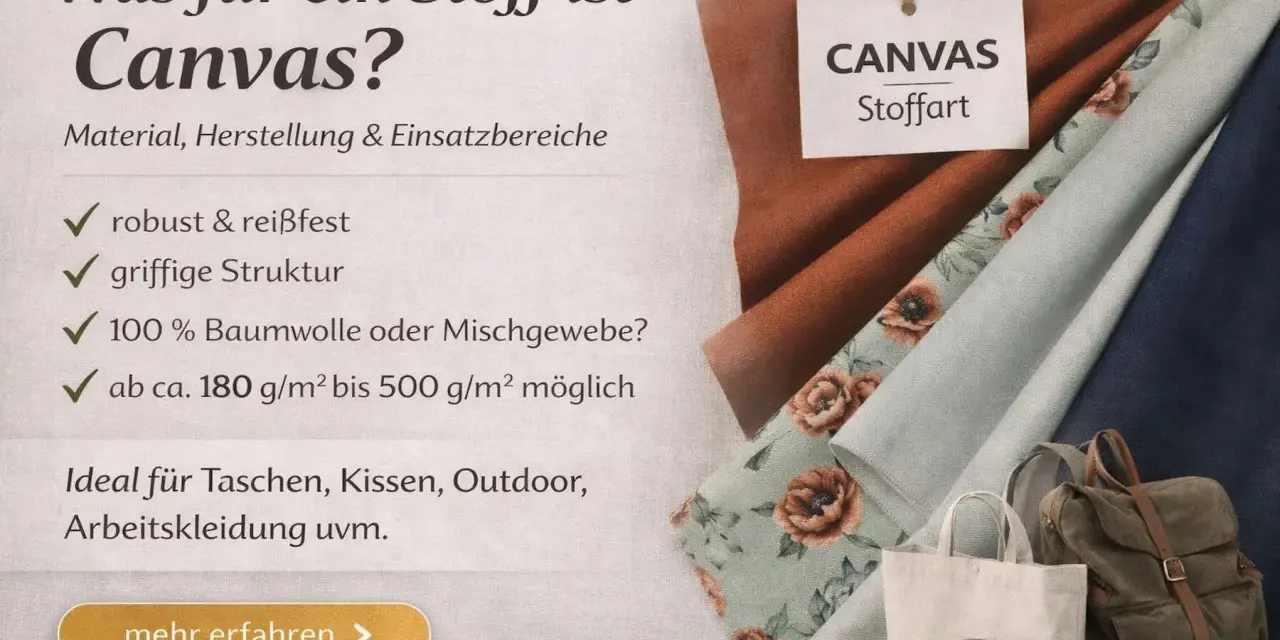 Canvas Stoffart: robust, reißfest, griffige Struktur, 100% Baumwolle/Mischgewebe, 180-500 g/m². Ideal für Taschen, Kissen, Outdoor.