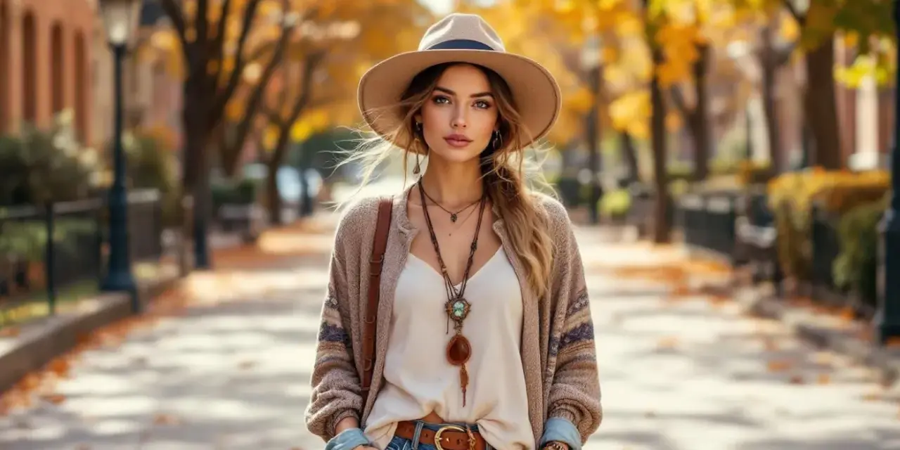 Frau im Fedora-Hut und Strickjacke mit boho Muster, lässiger Herbst-Look.