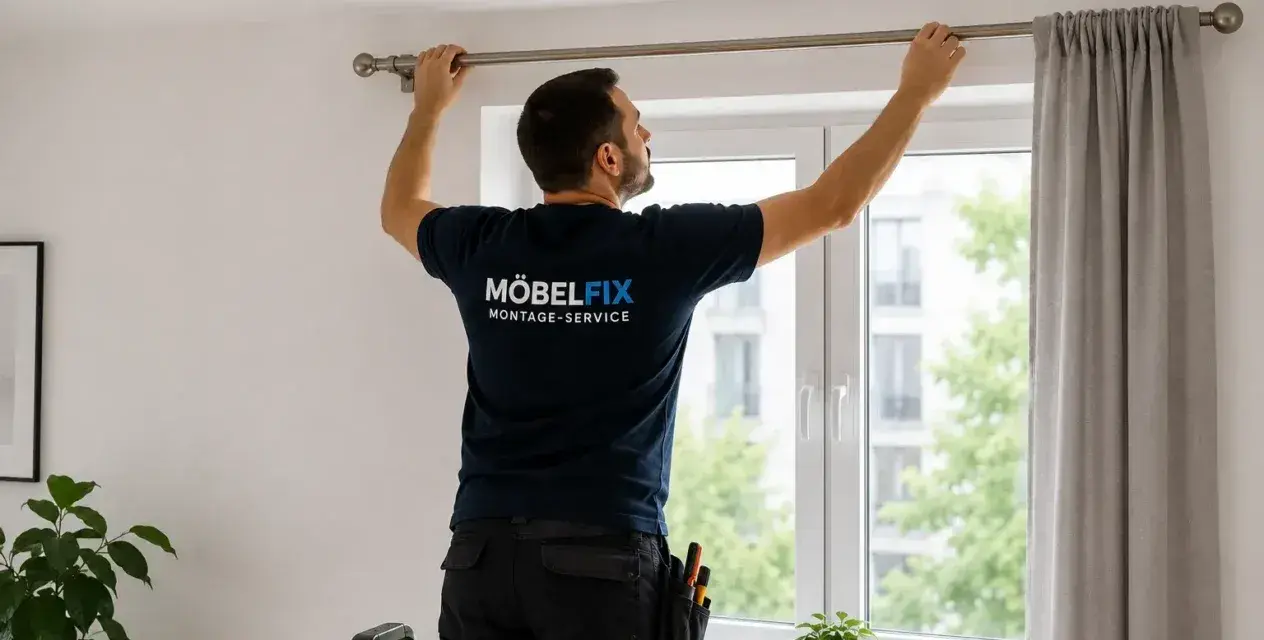 Mann montiert eine Gardinenstange über einem Fenster. Er steht auf einer Leiter und richtet die Stange aus, bevor er sie bohrt.
