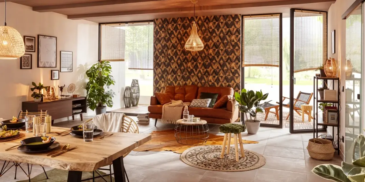 Gemütliches Wohnzimmer mit Ledersofa, Holztisch und afrikanische Muster an der Wand.