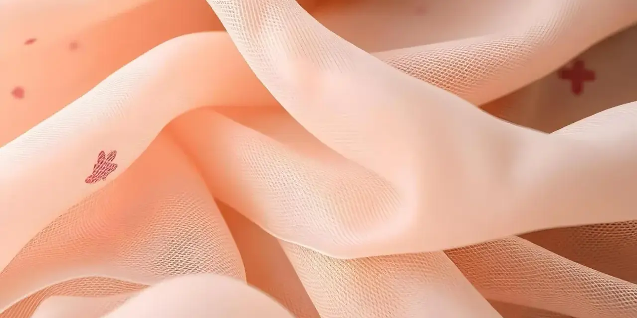 Zartes, pfirsichfarbenes Mesh-Textil mit kleinen, roten Herzchen-Mustern, das sanft fällt und glänzt.