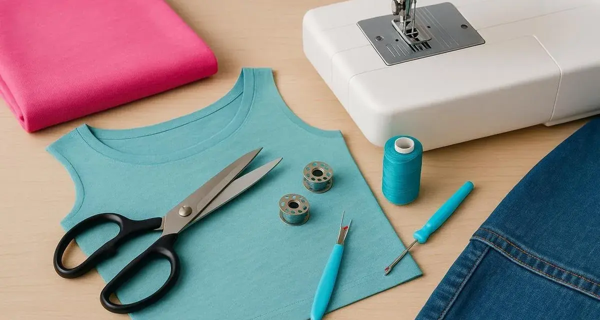 Nähutensilien liegen bereit: Stoffe, Schere, Nähmaschine und Garn. Perfekt für einen neuen Jersey-Stich.