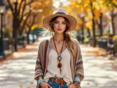 Frau im Fedora-Hut und Strickjacke mit boho Muster, lässiger Herbst-Look.