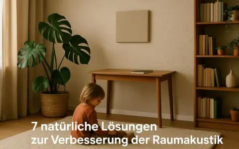 Ein Kind sitzt auf einem Teppich vor einem Schreibtisch. Eine Monstera-Pflanze und ein Bücherregal sind im Raum zu sehen. Eine Wandplatte hilft, Schall zu schlucken.