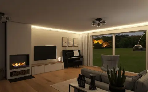 Gemütliches Wohnzimmer mit Kamin, Klavier und Blick ins Grüne. Tolle wohnzimmer einrichten ideen für ein stilvolles Zuhause.