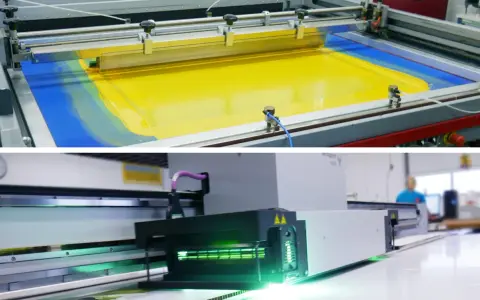 Oben: Siebdruck mit gelber Farbe auf blauem Untergrund. Unten: moderner Digitaldrucker mit grüner Beleuchtung.