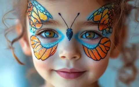 Ein Kind mit einem funkelnden Schmetterling Muster im Gesicht. Die Flügel sind orange und blau, mit Glitzer verziert.
