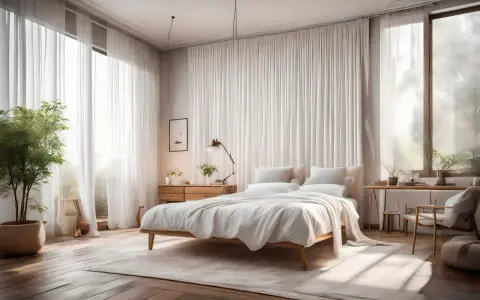 Helle, fließende Gardinen formen eine sanfte Umrandung für ein minimalistisches Schlafzimmer mit einem weißen Bett und Holzboden.