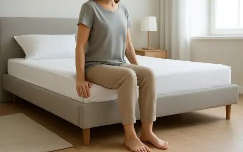Frau sitzt auf einem Bett. Die Höhe der Matratze ist entscheidend, wie hoch sollte eine Matratze sein für optimalen Komfort.