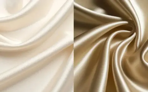 Zwei Stoffbahnen in Creme und Gold, die die glatte, glänzende Textur von Satin zeigen.