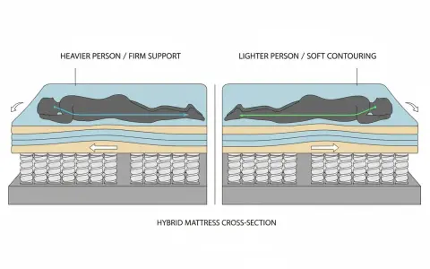 Querschnitt einer Hybridmatratze: Links stützt sie eine schwerere Person fest, rechts schmiegt sie sich weich an eine leichtere Person an. Matratzen unterschiede werden deutlich.