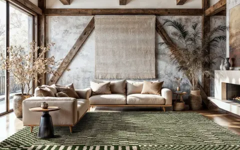 Grüner Teppich mit geometrischem Muster ist dunkler als die helle Couch. Rustikales Wohnzimmer mit Holzbalken und Kamin.