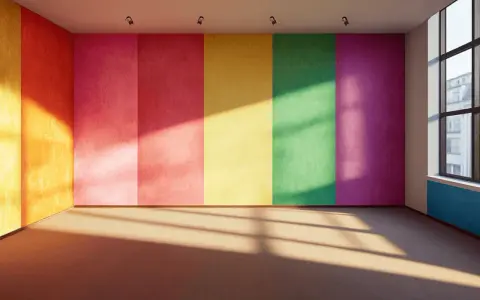 Leeres Zimmer mit bunten Wänden, die abstrakte Muster bilden. Sonnenlicht fällt durch ein Fenster und wirft Schatten.