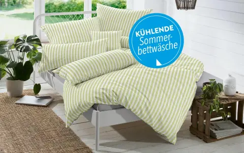 Kühlende Bettwäsche aus Rayon-Stoff, ideal gegen Schwitzen im Sommer. Gestreiftes Design in Grün und Weiß.